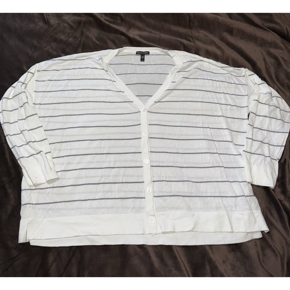 Eileen Fisher cardigan Tencel‎ Stretch V Neck crop White/Graphite, Large